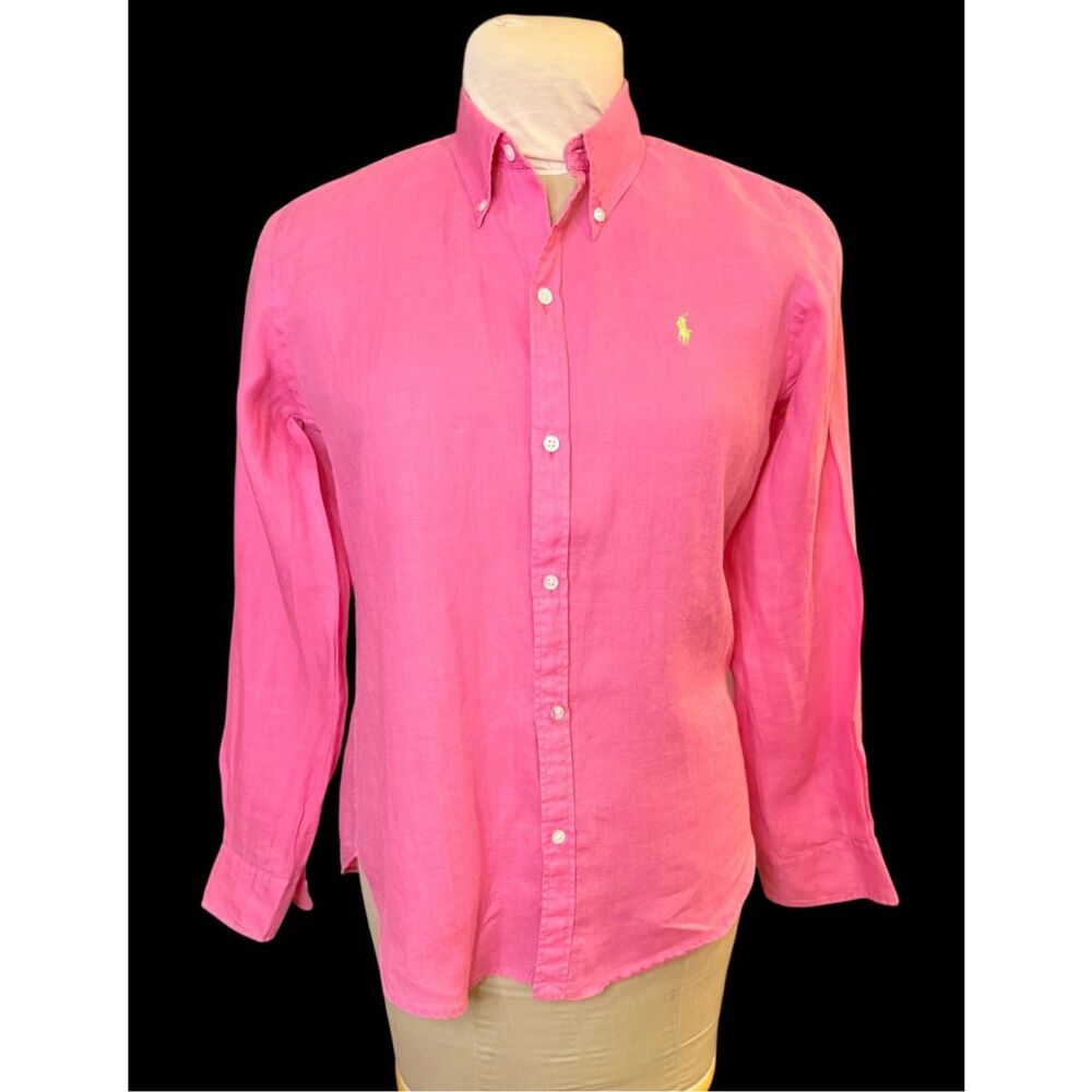 Ralph Lauren Slim Fit Bamboo Pink Button Down Women's 12 Green Pony Rare - Picture 2 of 12